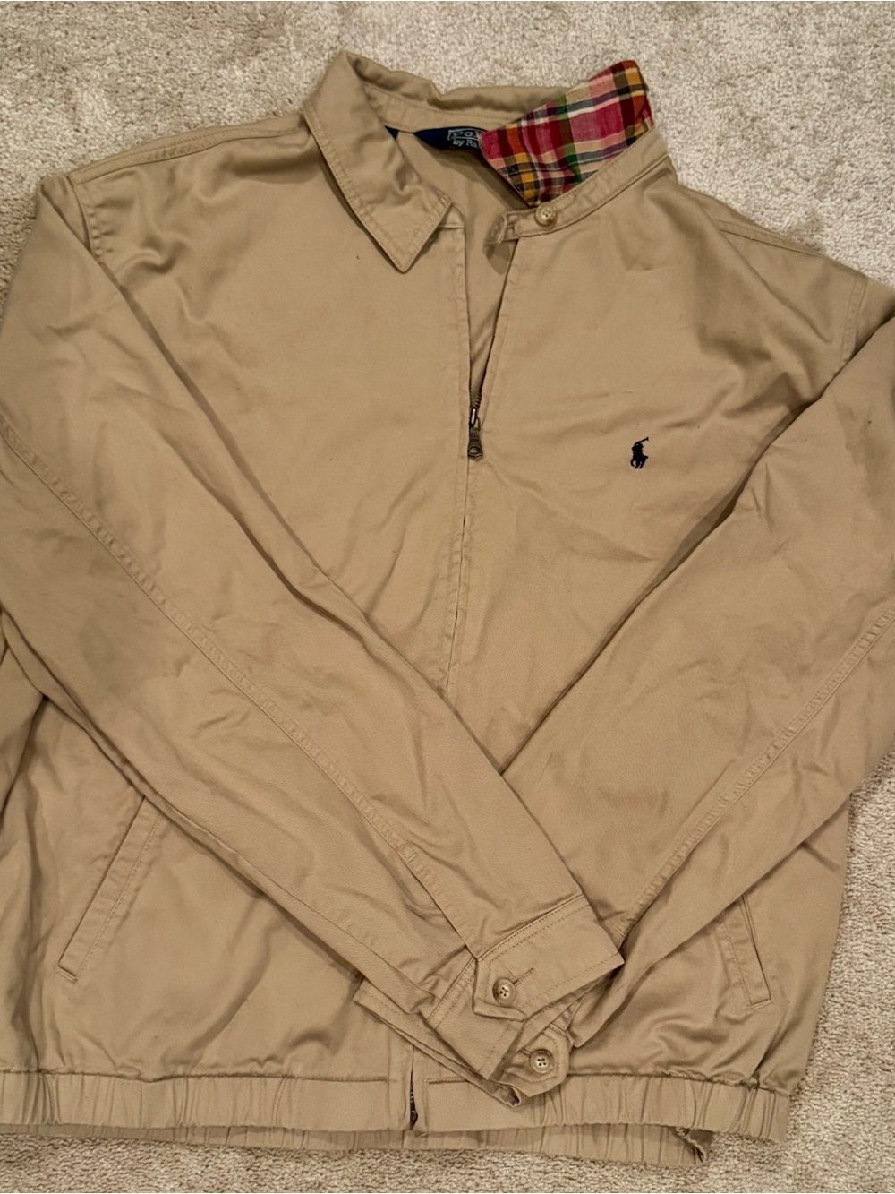 Vintage Polo by Ralph Lauren Tan Half-Zip w Plaid Collar Trim - Like New